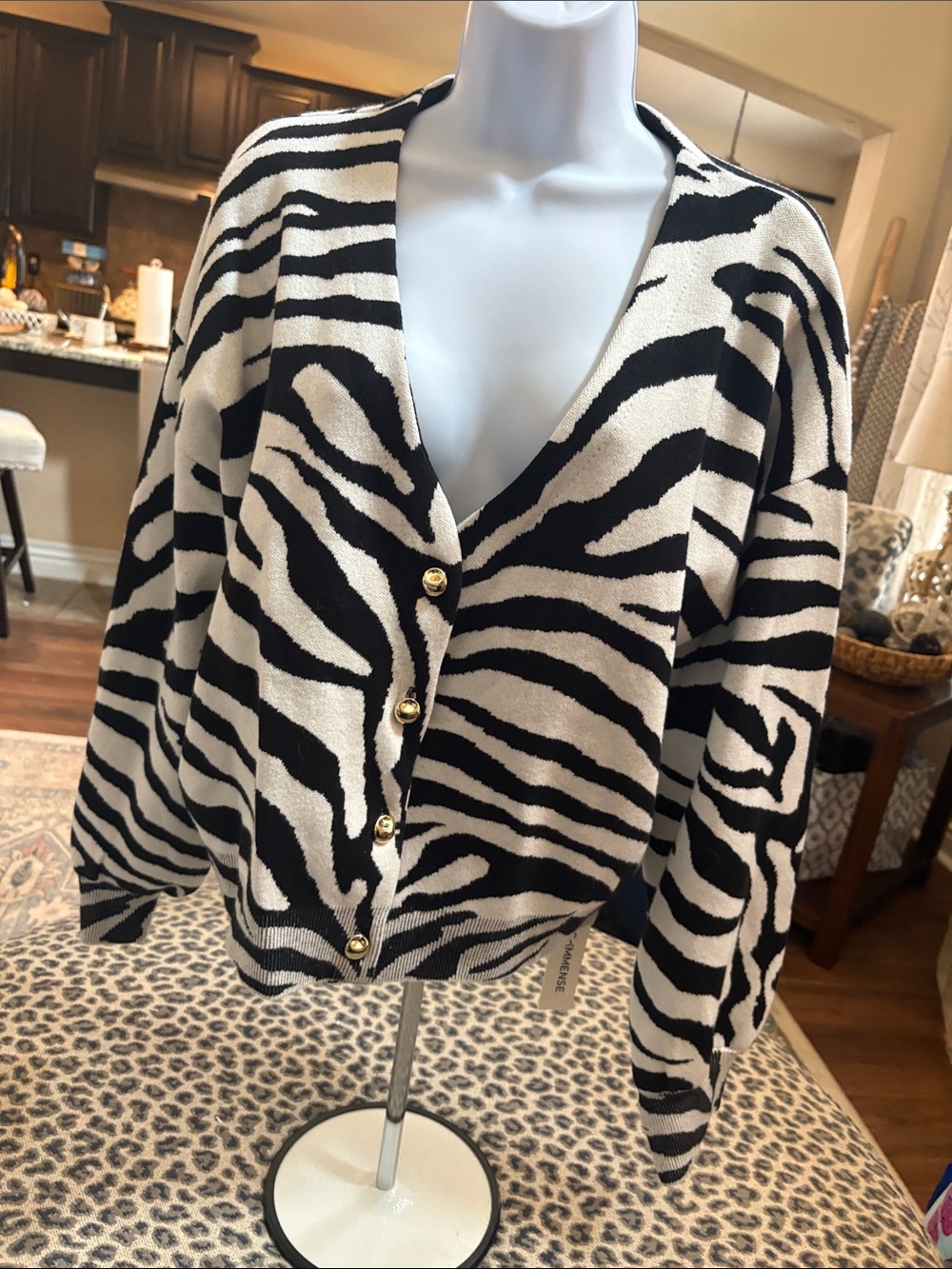 Commense Black and White Zebra Print Button-Front Cardigan